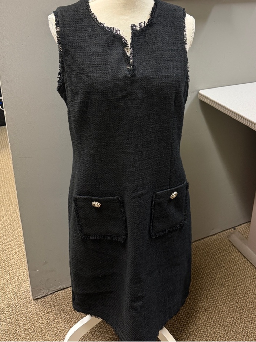 Karl Lagerfeld Paris Black Tweed Shift Dress | Pearl Button Pockets | Size 12